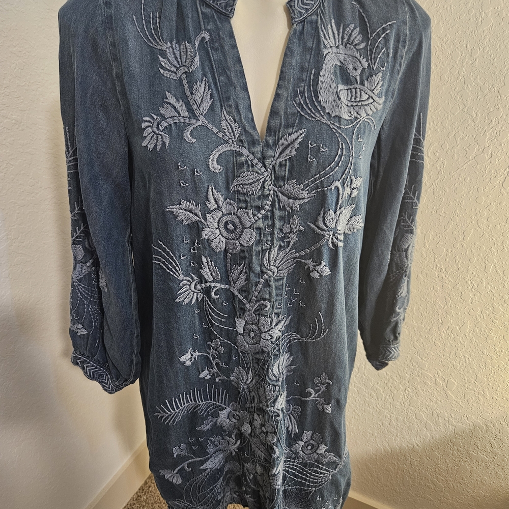 Johnny Was Blue Embroidered Mini Dress with Mandarin Collar